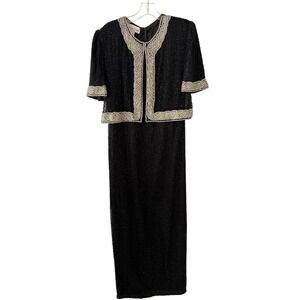 Laurence Kazar Women's Vintage Silk Black Beaded Short Sleeved Gown in Size L